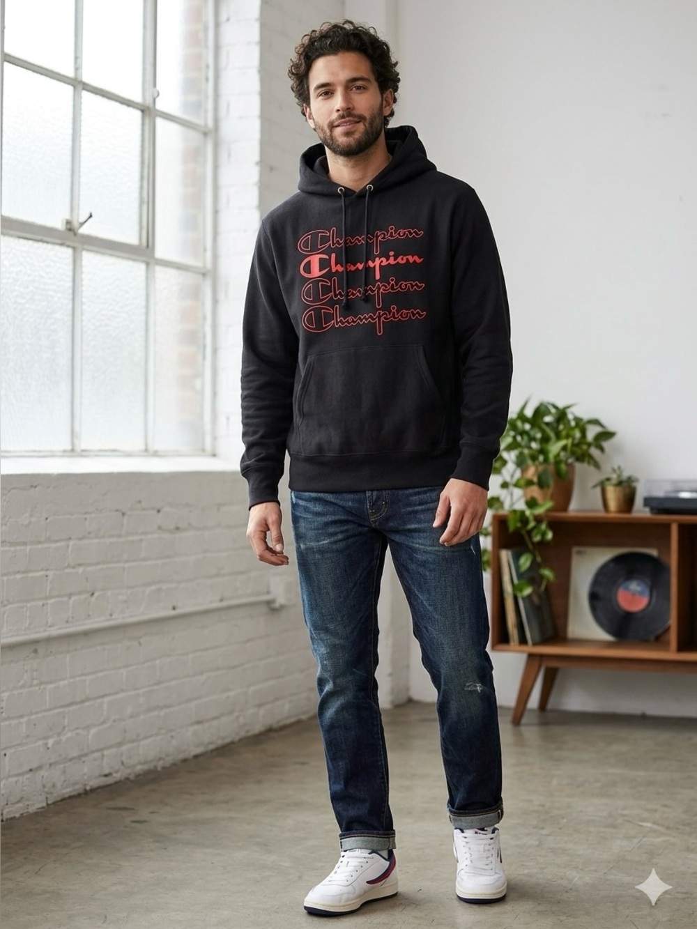 2018 Champion Reverse Weave Black Multi Red Script Logo Hoodie Sweatshirt